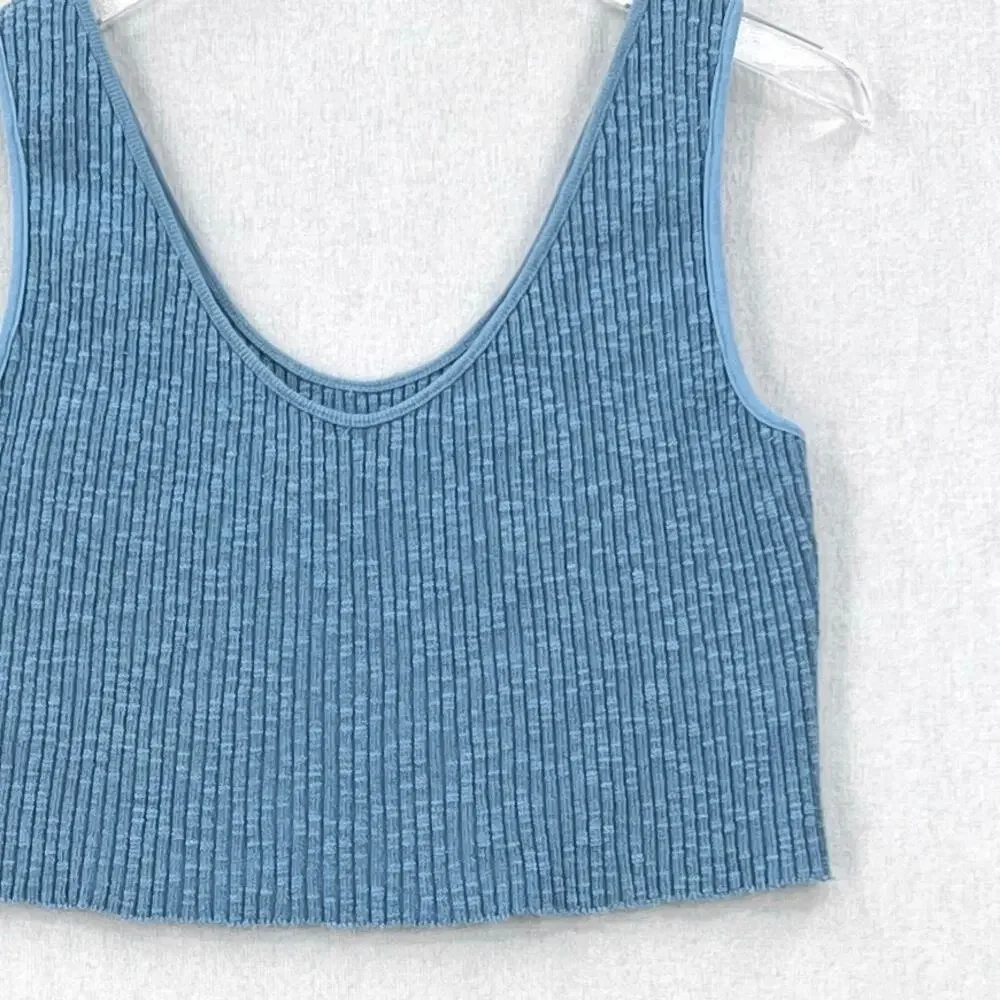 ENZA COSTA Rib Sweater Knit Cropped Tank Womens Medium Blue Stretch Wide Strap - Picture 7 of 13